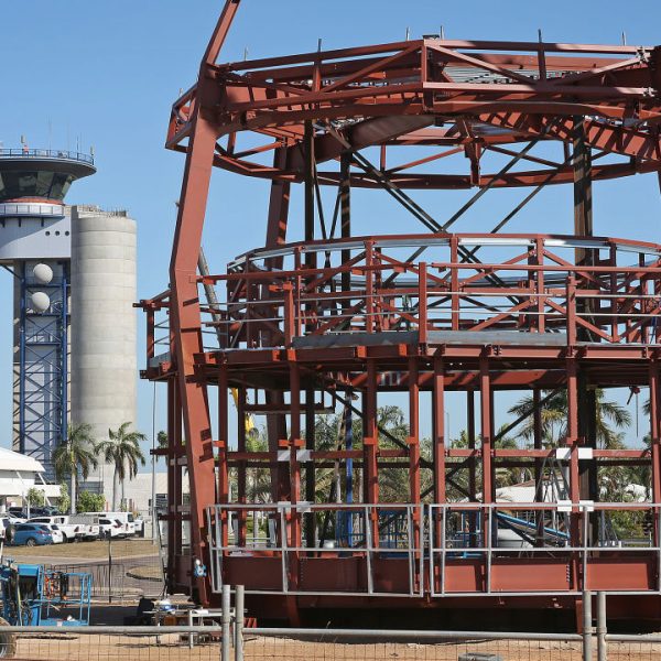 RAAF Base Darwin - New Air Traffic Control Tower Construction *** Local Caption *** Under the joint Defence / Airservices Australia OneSKY program, a completely new fit-out of state-of-the-art Air Traffic Control (ATC) equipment necessitated the construction of a new ATC tower at RAAF Base Darwin. Defence contractors Lendlease commenced works in July 2019 at the site of the joint military and civilian airfield (also leased by Darwin International Airport). The project will enable the seamless and continued delivery of Air Traffic Services for the region.

Royal Australian Air Force Air Traffic Controllers and Communications Electronics Technicians from Number 452 Squadron who support both military and civilian air movements (both domestic and international) will transfer to the new facility once installation of ATC systems and software are complete.  The new tower and accompanying facilities are essential infrastructure to continue to safely manage ground and airspace operations around RAAF Base Darwin.